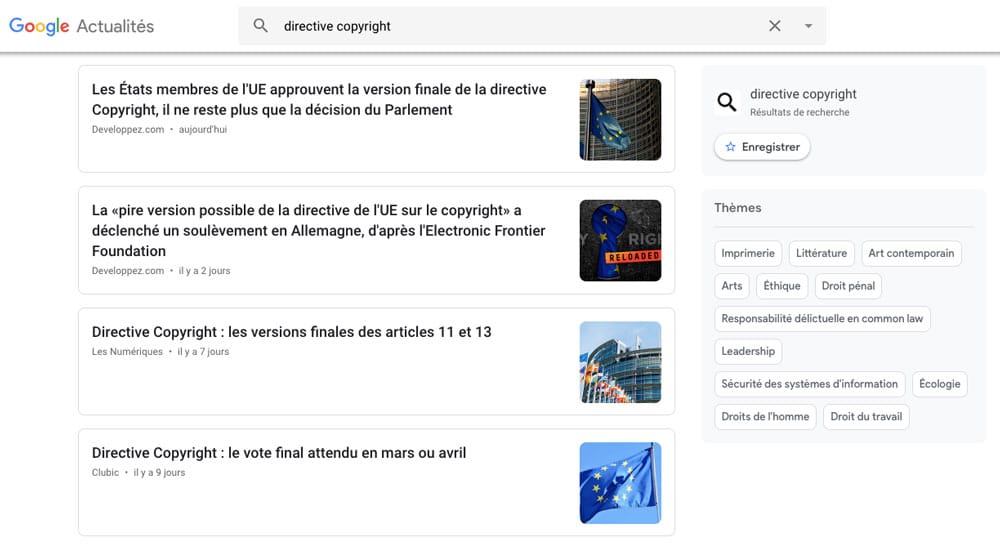 exemple d'affichage de google actualité en France